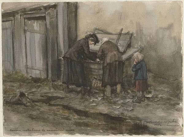 Two women and a child searching through trash bin (from the series of watercolors