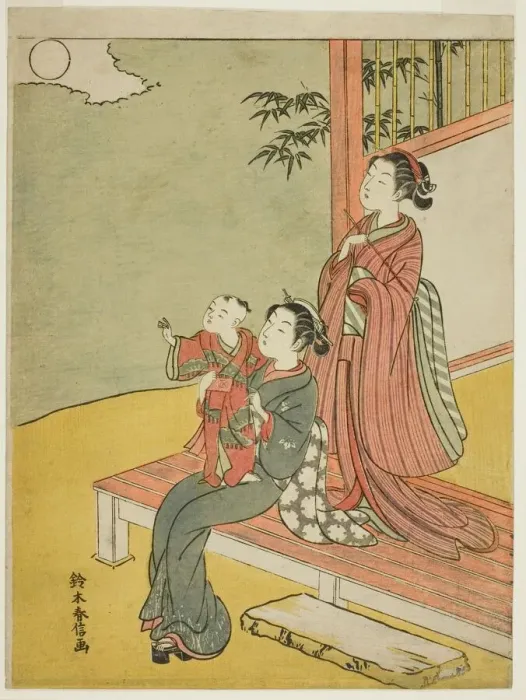 Framed Print : Two Women and a Child Viewing the Full Moon, c. 1767  /  68. Creator: Suzuki Harunobu