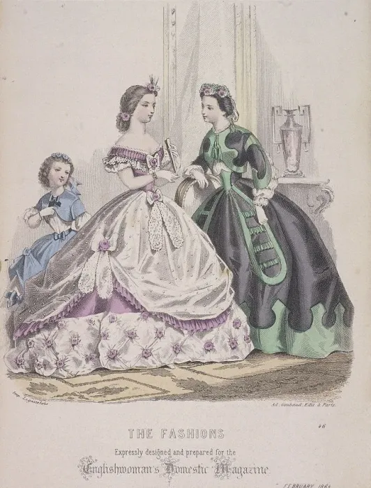 Framed Print : Two women and a child wearing the latest fashions, 1864 Framed Print : Two women and a child wearing the latest fashions, 1864