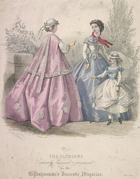 Two women and a child wearing the latest fashions, 1866