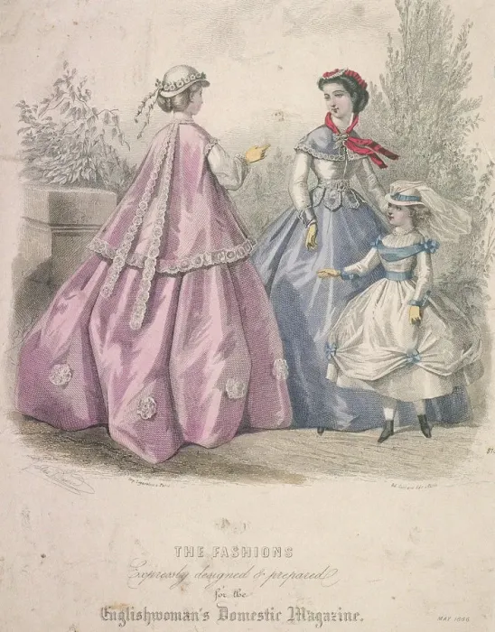 Framed Print : Two women and a child wearing the latest fashions, 1866 Framed Print : Two women and a child wearing the latest fashions, 1866