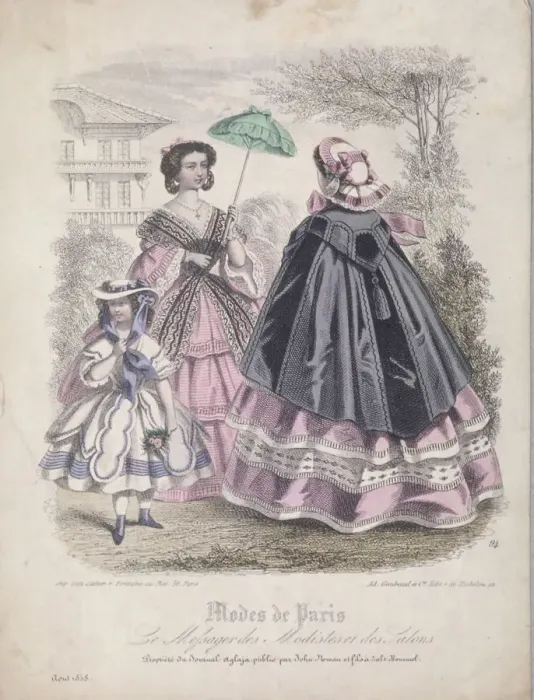 Framed Print : Two women and a child wearing the latest fashions in a garden setting, 1858 Framed Print : Two women and a child wearing the latest fashions in a garden setting, 1858