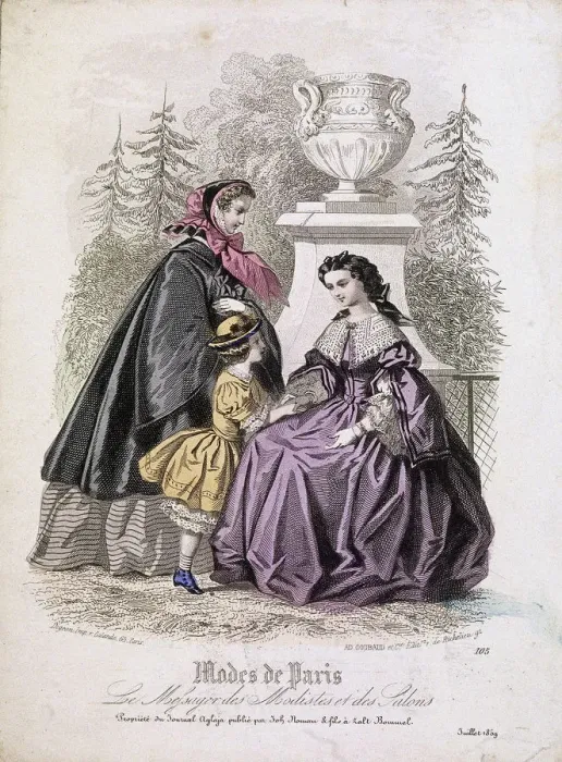 Framed Print : Two women and a child wearing the latest fashions in a garden setting, 1858 Framed Print : Two women and a child wearing the latest fashions in a garden setting, 1858