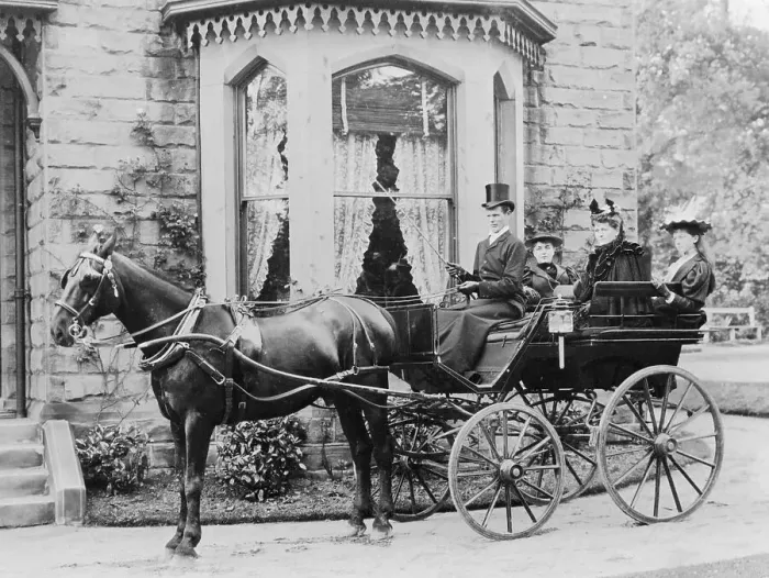 Framed Print : Women and a coachman in a pony and trap, late 19th century Framed Print : Women and a coachman in a pony and trap, late 19th century