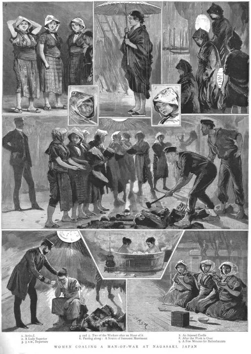Framed Print : Women coaling a Man-of War at Nagasaki, Japan, 1888. Creator: J Nash Framed Print : Women coaling a Man-of War at Nagasaki, Japan, 1888. Creator: J Nash
