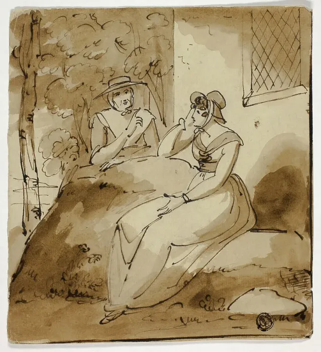 Framed Print : Two Women Conversing Near House, 1790. Creator: Unknown Framed Print : Two Women Conversing Near House, 1790. Creator: Unknown