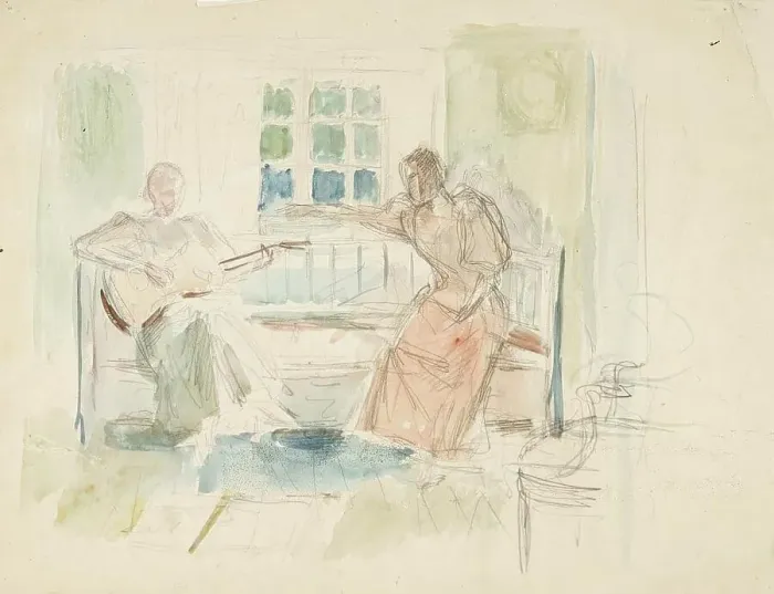 Framed Print : Two women on a couch, one playing the guitar, c1890s. Creator: Albert Edelfelt Framed Print : Two women on a couch, one playing the guitar, c1890s. Creator: Albert Edelfelt
