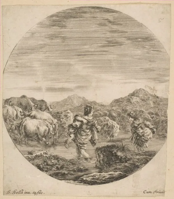 Framed Print : Two Women Crossing a Stream, ca. 1646. Creator: Stefano della Bella Framed Print : Two Women Crossing a Stream, ca. 1646. Creator: Stefano della Bella