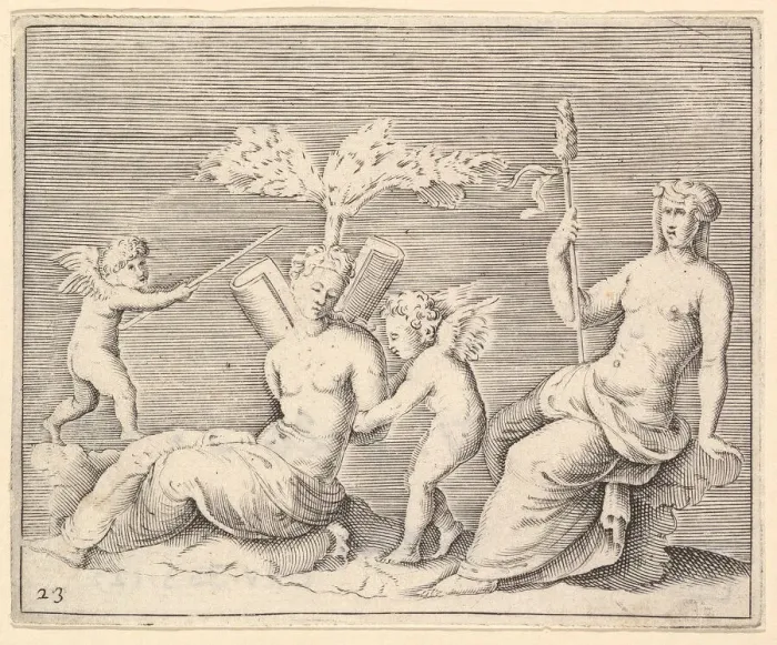 Framed Print : Two Women and Two Cupids, published ca. 1599-1622. Creator: Unknown Framed Print : Two Women and Two Cupids, published ca. 1599-1622. Creator: Unknown
