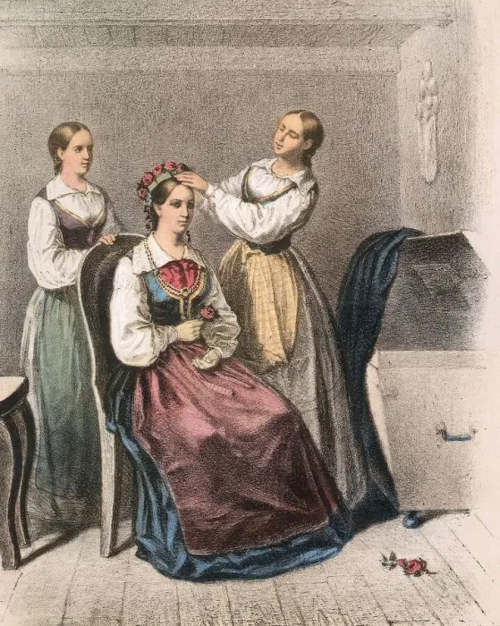 Framed Print : Two women dress a bride, Blekinge. Creator: Unknown Framed Print : Two women dress a bride, Blekinge. Creator: Unknown