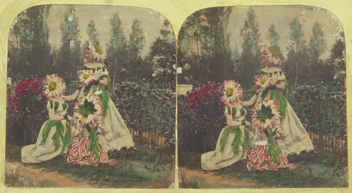 Framed Print : Three women dressed as flowers, about 1860. Creator: Unknown Framed Print : Three women dressed as flowers, about 1860. Creator: Unknown