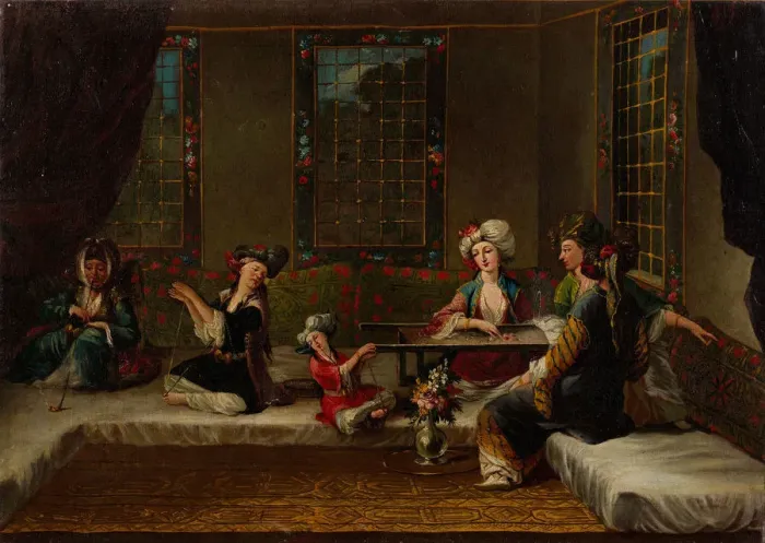 Framed Print : Women Embroidering, 1730s. Artist: Vanmour (Van Mour), Jean-Baptiste, (School) Framed Print : Women Embroidering, 1730s. Artist: Vanmour (Van Mour), Jean-Baptiste, (School)