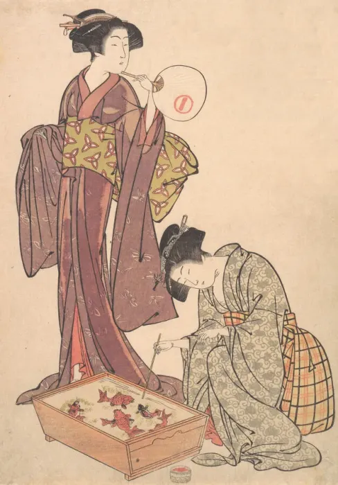Framed Print : Two Women Feeding Fish, 1739-1820. Creator: Kitao Shigemasa Framed Print : Two Women Feeding Fish, 1739-1820. Creator: Kitao Shigemasa