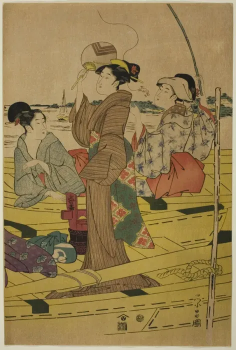 Framed Print : Women on a Fishing Boat, c. 1780  /  1800. Creator: Chokosai Eisho