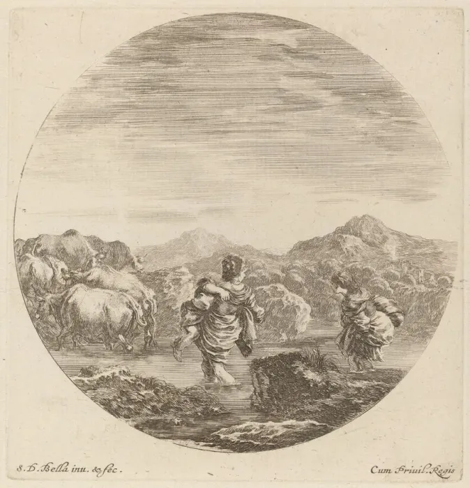 Framed Print : Two Women Fording a Creek with a Herd of Cows. Creator: Stefano della Bella Framed Print : Two Women Fording a Creek with a Herd of Cows. Creator: Stefano della Bella