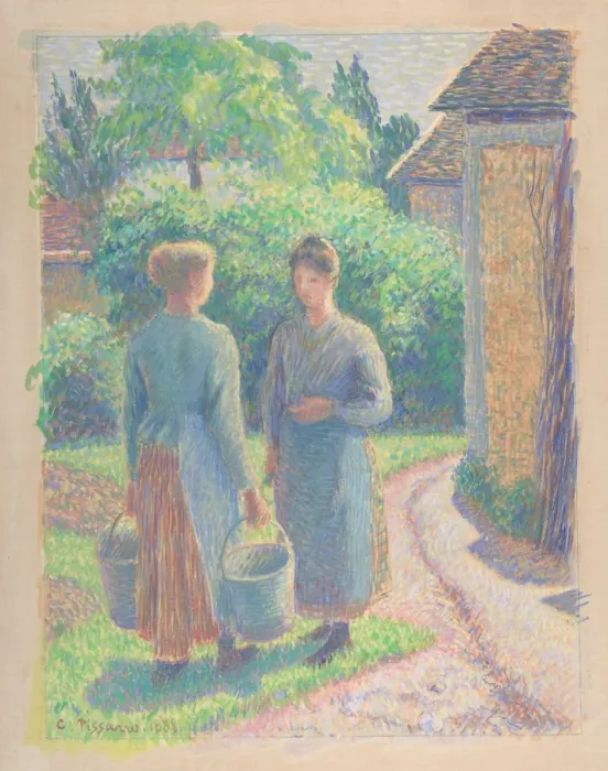 Framed Print : Two Women in a Garden, 1888. Creator: Camille Pissarro Framed Print : Two Women in a Garden, 1888. Creator: Camille Pissarro