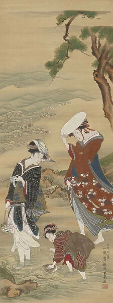 Two women and a girl on the seashore, 1735-1814. Creator: Utagawa Toyoharu