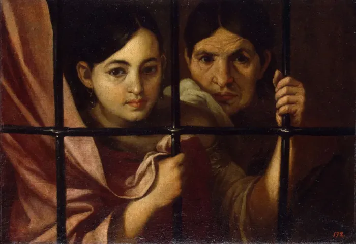 Framed Print : Two Women Behind a Grille, 1645. Artist: Murillo, Bartolome Esteban (1617-1682) Framed Print : Two Women Behind a Grille, 1645. Artist: Murillo, Bartolome Esteban (1617-1682)