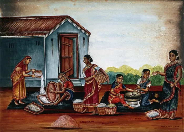 Framed Print : Women grinding and sieving grain into flour, (between 1800 and 1899?). Creator: Unknown Framed Print : Women grinding and sieving grain into flour, (between 1800 and 1899?). Creator: Unknown