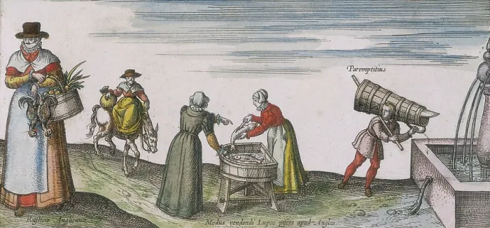 Framed Print : Women gutting fish, 1598. Creator: Unknown Framed Print : Women gutting fish, 1598. Creator: Unknown
