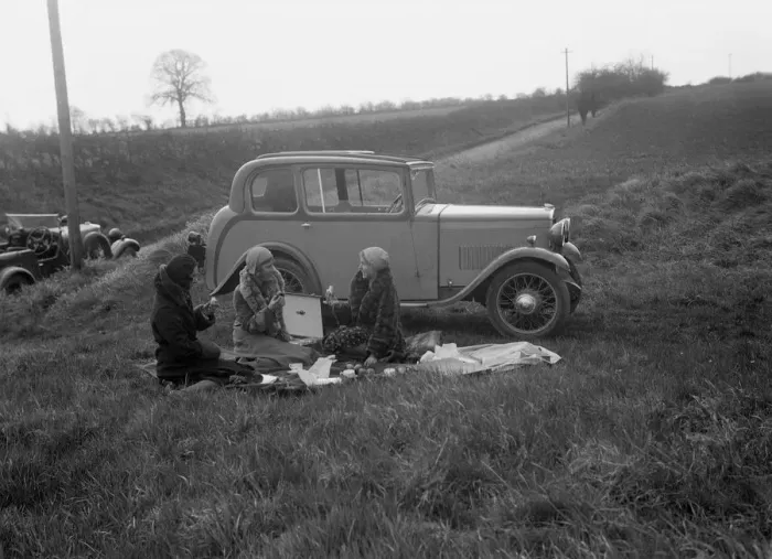 Framed Print : Three women having a picnic during a road test of a Triumph Scorpion, 1931. Artist: Bill Brunell Framed Print : Three women having a picnic during a road test of a Triumph Scorpion, 1931. Artist: Bill Brunell