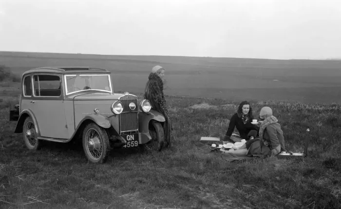 Framed Print : Three women having a picnic during a road test of a Triumph Scorpion, 1931. Artist: Bill Brunell Framed Print : Three women having a picnic during a road test of a Triumph Scorpion, 1931. Artist: Bill Brunell