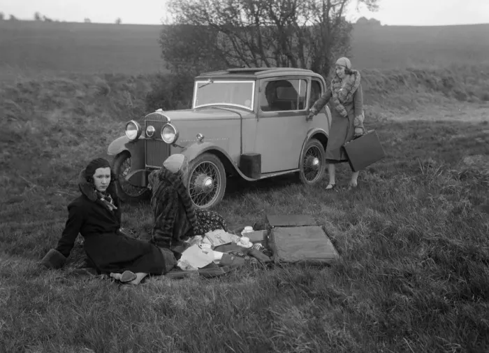 Framed Print : Three women having a picnic during a road test of a Triumph Scorpion, 1931. Artist: Bill Brunell