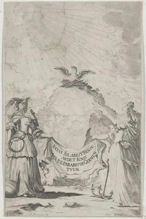 Framed Print : Two women holding a banner at center as a phoenix rises above; set design from Il Fuoco E... 1674. Creator: Mathaus Küsel Framed Print : Two women holding a banner at center as a phoenix rises above; set design from Il Fuoco E... 1674. Creator: Mathaus Küsel