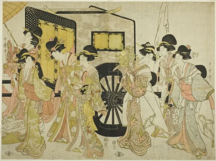 Framed Print : Women Imitating an Imperial Procession, Japan, 1805. Creator: Kitagawa Utamaro Framed Print : Women Imitating an Imperial Procession, Japan, 1805. Creator: Kitagawa Utamaro