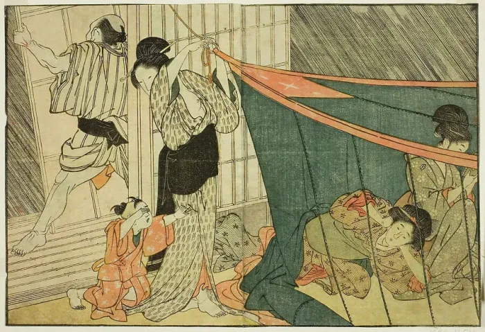 Framed Print : Women Inside a Mosquito Net During a Thunderstorm, from the illustrated book Picture Book... 1801. Creator: Kitagawa Utamaro. Women Inside a Mosquito Net During a Thunderstorm, from the illustrated book Picture Book... 1801 Framed Print : Women Inside a Mosquito Net During a Thunderstorm, from the illustrated book Picture Book... 1801. Creator: Kitagawa Utamaro. Women Inside a Mosquito Net During a Thunderstorm, from the illustrated book Picture Book... 1801