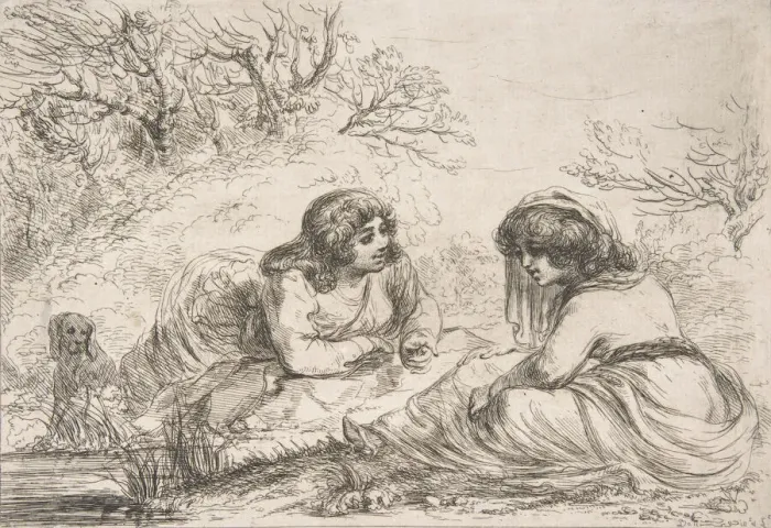Framed Print : Two Women in a Landscape, 18th-early 19th century. 18th-early 19th century Framed Print : Two Women in a Landscape, 18th-early 19th century. 18th-early 19th century