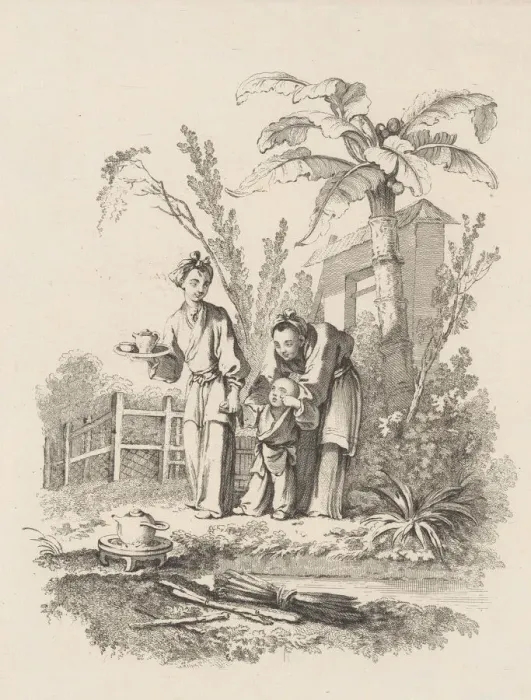 Framed Print : Two Women Leading a Child toward a Teapot on a Table near a Pond, ca. 1742 Framed Print : Two Women Leading a Child toward a Teapot on a Table near a Pond, ca. 1742