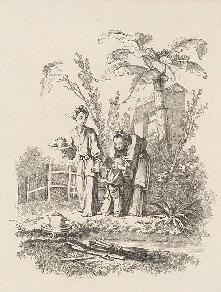 Two Women Leading a Child toward a Teapot on a Table near a Pond, ca. 1742