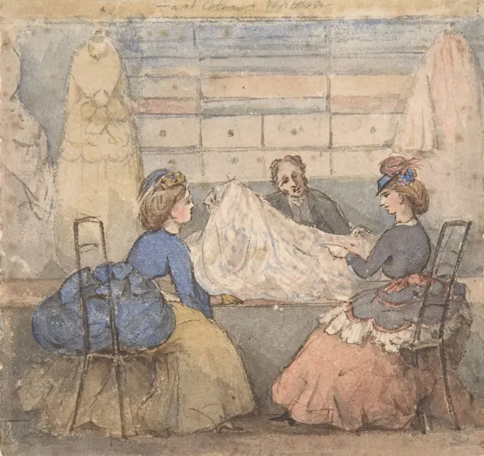 Framed Print : Two Women Looking at Fabric in a Shop, 19th century. Creator: Anon Framed Print : Two Women Looking at Fabric in a Shop, 19th century. Creator: Anon