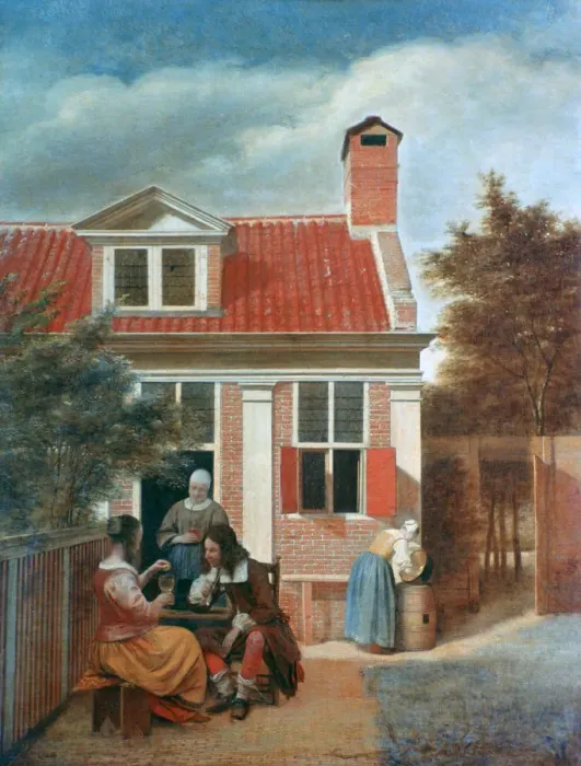 Framed Print : Three Women and a Man in a Courtyard behind a House, c1657-1659. Artist: Pieter de Hooch Framed Print : Three Women and a Man in a Courtyard behind a House, c1657-1659. Artist: Pieter de Hooch
