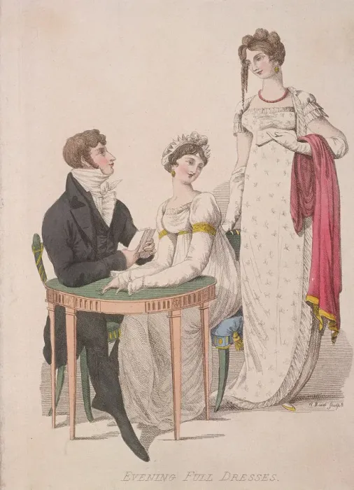 Framed Print : Two women and a man wearing full evening dress, c1810. Artist: W Read Framed Print : Two women and a man wearing full evening dress, c1810. Artist: W Read