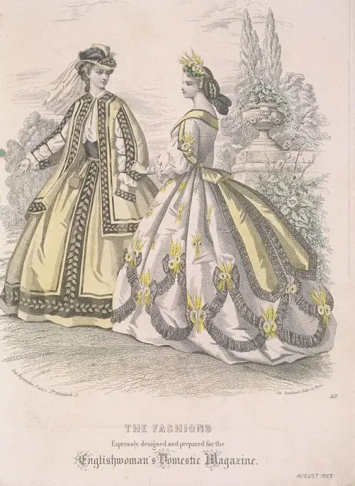 Framed Print : Two women model the latest fashions, 1863 Framed Print : Two women model the latest fashions, 1863