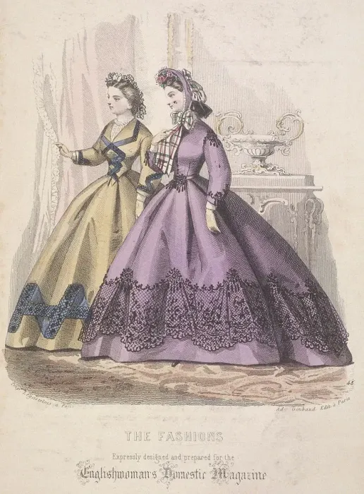 Framed Print : Two women model the latest fashions, 1864 Framed Print : Two women model the latest fashions, 1864