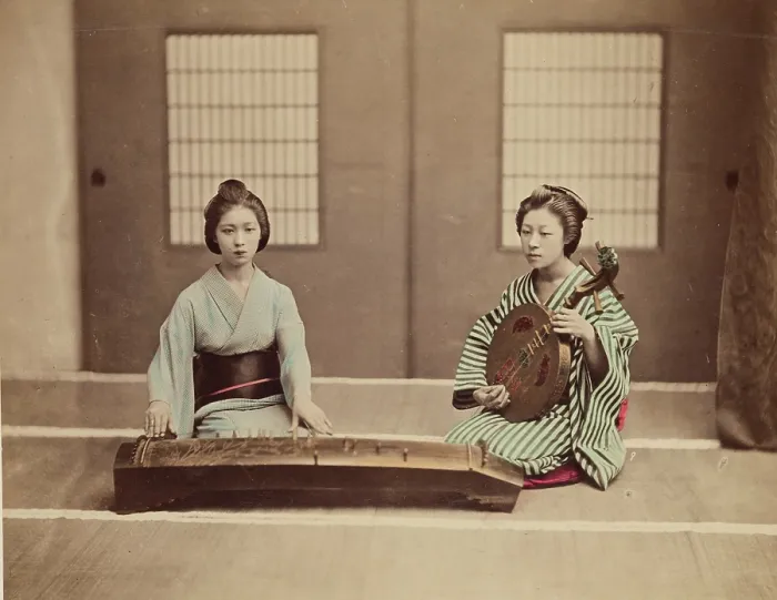 Framed Print : Two Women with Musical Instruments, c1885. Creator: Unknown Framed Print : Two Women with Musical Instruments, c1885. Creator: Unknown