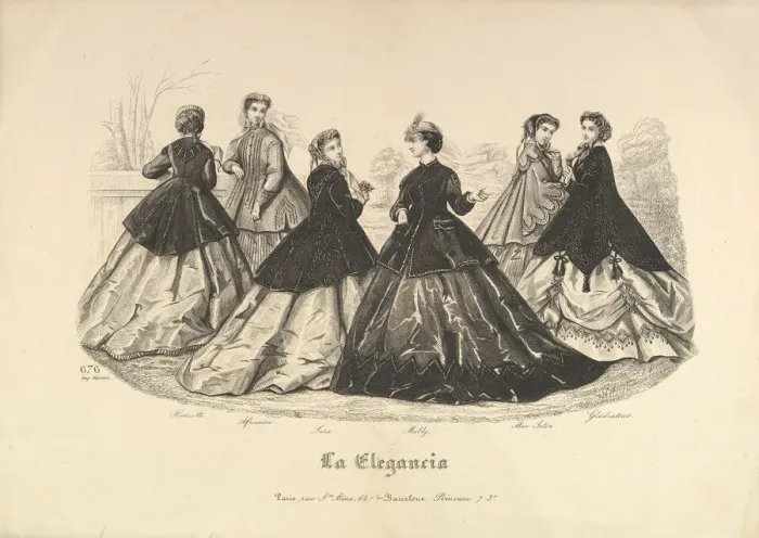 Framed Print : Six Women Outdoors, No. 676, from La Elegancia, 1865-66. Creator: Heloise Leloir Framed Print : Six Women Outdoors, No. 676, from La Elegancia, 1865-66. Creator: Heloise Leloir