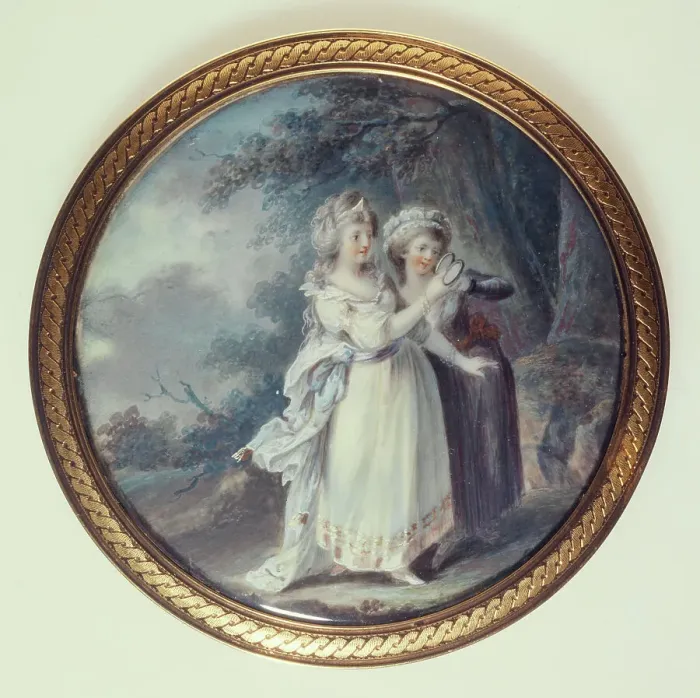 Framed Print : Two women in a park looking at a medallion, c1785. Creator: Ecole Francaise Framed Print : Two women in a park looking at a medallion, c1785. Creator: Ecole Francaise