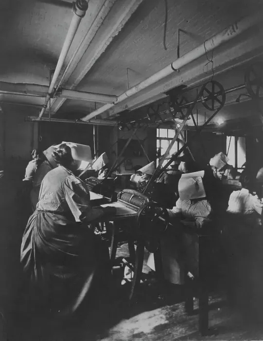 Framed Print : Women perforating sheets of stamps in the Stamp Division at the Bureau of Engraving... c1895. Creator: Frances Benjamin Johnston Framed Print : Women perforating sheets of stamps in the Stamp Division at the Bureau of Engraving... c1895. Creator: Frances Benjamin Johnston