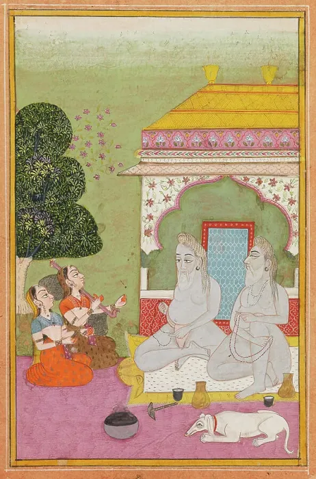 Framed Print : Two women playing for two holy men (sadhus), c1800. Creator: Unknown Framed Print : Two women playing for two holy men (sadhus), c1800. Creator: Unknown
