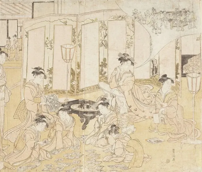 Framed Print : Women Playing Hyakunin Isshu Card Game (image 1 of 2), between c1794 and c1795. Creator: Utagawa Toyokuni I Framed Print : Women Playing Hyakunin Isshu Card Game (image 1 of 2), between c1794 and c1795. Creator: Utagawa Toyokuni I