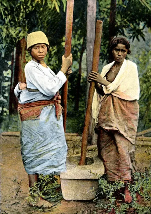 Framed Print : Women pounding rice, Madagascar, late 19th century Framed Print : Women pounding rice, Madagascar, late 19th century