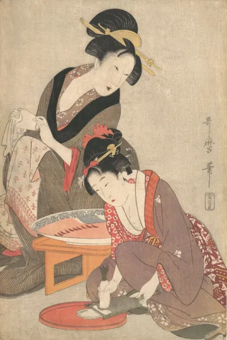 Framed Print : Women Preparing Sashimi, 1806-20. Creator: Kitagawa Utamaro Framed Print : Women Preparing Sashimi, 1806-20. Creator: Kitagawa Utamaro