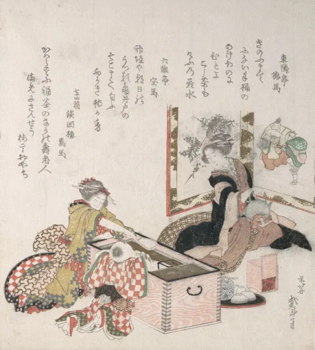 Framed Print : Women Preparing Tea Around the Fire-Holder, 1816. Creator: Hokusai Framed Print : Women Preparing Tea Around the Fire-Holder, 1816. Creator: Hokusai