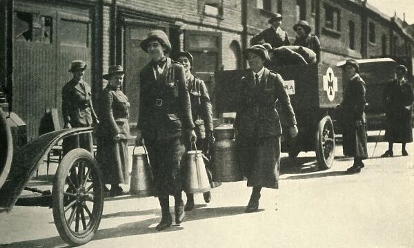 Women reservists delivering milk to a hospital, First World War, c1914-1918, (c1920)