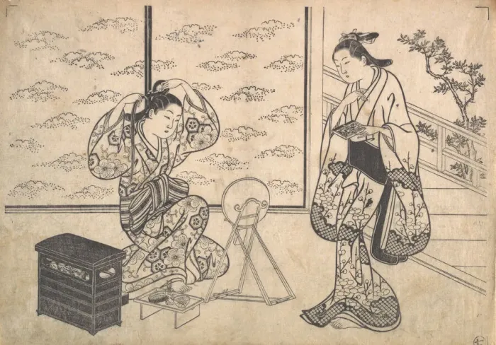 Framed Print : Two Women in a Room Opening on a Verandah, ca. 1730. Creator: Hasegawa Mitsunobu Framed Print : Two Women in a Room Opening on a Verandah, ca. 1730. Creator: Hasegawa Mitsunobu