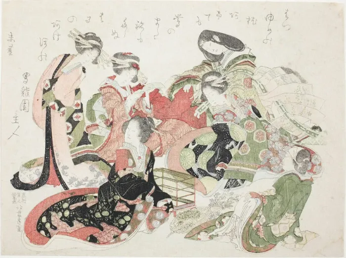 Framed Print : Six women seated around a bird cage, Japan, 1823. Creator: Hokusai Framed Print : Six women seated around a bird cage, Japan, 1823. Creator: Hokusai